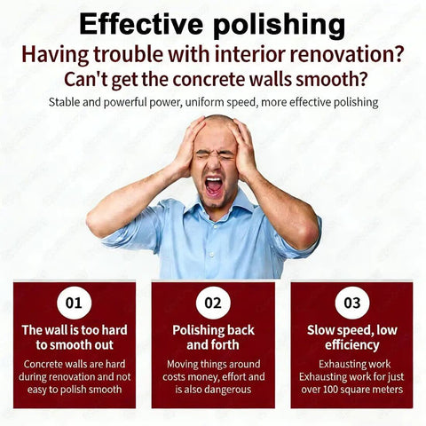 Man frustrated with concrete wall polishing challenges, highlighting issues like difficulty, inefficiency, and effort.