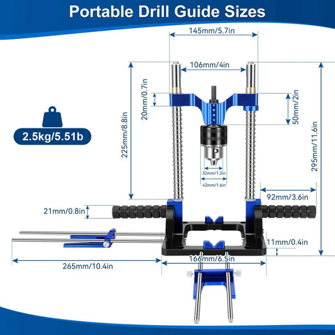 Heavy Duty Portable Drill Guide With Adjustable 0 To 60 Degrees Multi Angle showing dimensions and blue aluminum construction