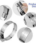 Close-up of adjustable stainless steel hose clamps for DIY projects and home repairs, showcasing durable metal design and secure fit.