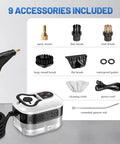Powerful 1500W High Pressure Steam Cleaner With 6 Adjustable Levels, 9 accessories included for versatile cleaning.