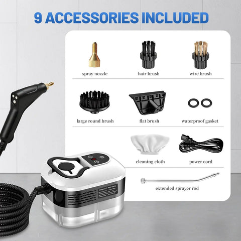 Powerful 1500W High Pressure Steam Cleaner With 6 Adjustable Levels, 9 accessories included for versatile cleaning.
