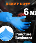 Blue nitrile exam glove on hand; 6-mil, large, heavy-duty, latex- and powder-free; box of 100