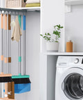 Pull Out Broom And Mop Holder With Sliding Double Row Hooks Multifunctional Wall Or Cabinet Storage Organizer in laundry room