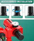 Heavy Duty Three Stage Air Drying System For Compressors Featuring adjustable pressure regulator installation steps with red housing.
