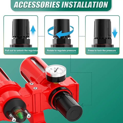 Heavy Duty Three Stage Industrial Air Drier Built Tough With Aluminum Body And Precision Pressure Regulator installation steps and components.
