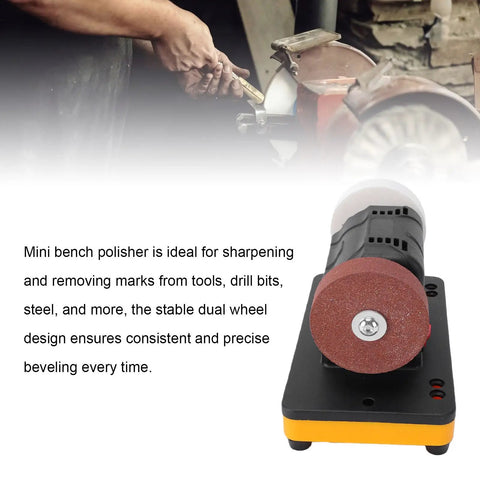 Hilitand 18V Cordless Mini Bench Grinder And Polisher With Variable Speed Control Up To Six Thousand RPM High All Copper Motor, showing dual wheels for precision polishing.