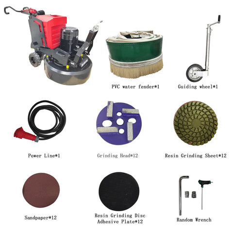Components of Workhorse 12 Head Concrete Floor Polishing Grinder with Planetary Rotation System and accessories