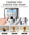 Top Shelf Espresso Machine With Auto Milk Frother, Pulls Dime Perfect Crema On 20 Bar Pressure, Smart Temp Control, user interface for espresso selection.