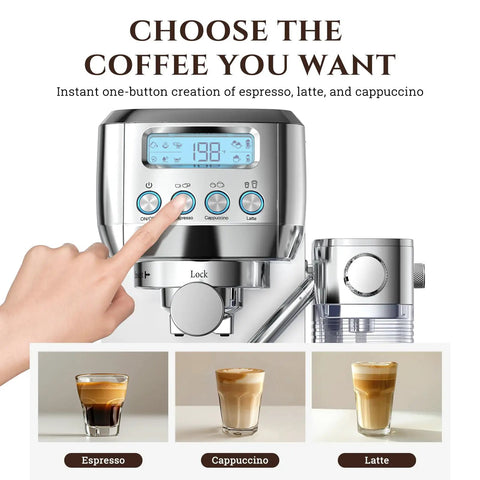 Top Shelf Espresso Machine With Auto Milk Frother, Pulls Dime Perfect Crema On 20 Bar Pressure, Smart Temp Control, user interface for espresso selection.
