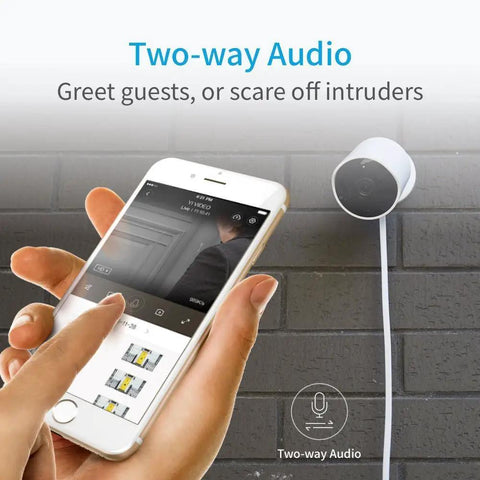 Outdoor Security Camera 1080p Cloud Cam Waterproof IP Night Vision With Two Way Audio Motion Detection And Activity Alerts Deterrent Alarm Works With iOS And Android Apps Optional Emergency Dispatch Service in use with smartphone interface