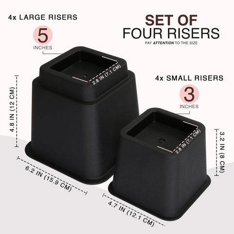 Stackable Bed Risers Set For Adjustable 3 Inch And 5 Inch Heights Up To 1,300 Lbs Capacity Total 8 Inch Lift Under Bed Storage Dorm Room Essential Heavy Duty Black 4 Pack, showing dimensions.