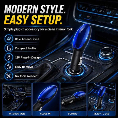 Plug And Play Fuel Saver Device For Cars And Trucks Portable Gas Economizer Improve Gas Mileage Universal Fit For Gasoline And Diesel Vehicles Three Pack shown plugged into a car's 12V outlet with blue accent finish.