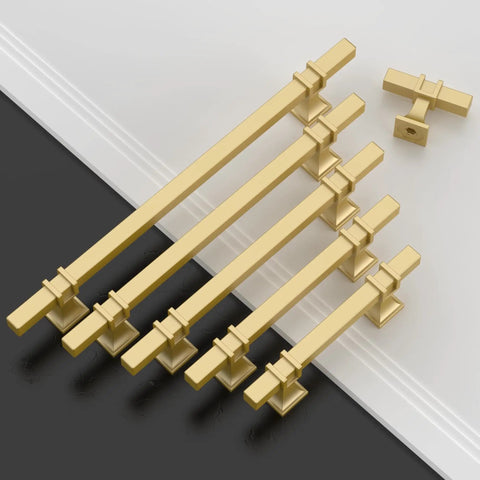 Brushed Gold Cabinet Pulls Set Of 10 5 Inch Drawer Handles With 128mm Hole Center Kitchen Cabinet Hardware For Bathroom And Dresser Easy Install Durable Finish ZH0067 displayed in an overlapping stack on a surface.