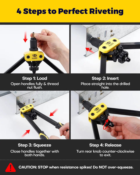 Rivet Nut Tool Kit With 11 Mandrels And 175 Rivet Nuts, 14 Inch Nutsert Tool for Auto Mods showing riveting steps