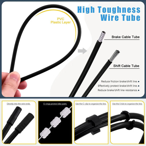 Hand holding PVC wire tube from All In One Bike Brake Cable Housing Kit With 73 Pieces Including Brake Cables Noodles Cable Guides Hose Shifter Cables And Cable Cutter For Road And Mountain Bikes Pro Grade Cycling Maintenance Set.