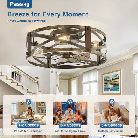 20 Inch Farmhouse Flush Mount Ceiling Fan With Lights And Remote, Industrial Black Cage Fandelier in a modern living room