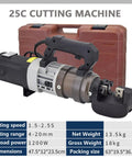 Heavy Duty Electric Hydraulic Rebar Cutter For 4-25mm Steel Bars Portable Power Tool in a case, showcasing cutting mechanism and dimensions.