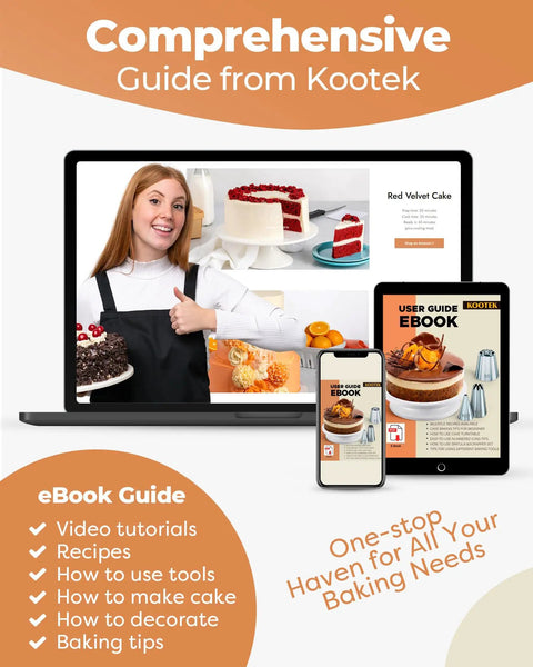 Woman holding cake with guide on screen, related to 700-Piece Cake Decorating Kit With Springform Pans, Cake Turntable.