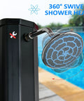 Close-up of 7Ft Outdoor Solar Heated Shower With 360 Degree Rotating Head, by a pool, showcasing adjustable swivel shower head.