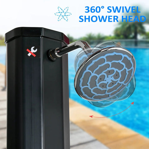 Close-up of 7Ft Outdoor Solar Heated Shower With 360 Degree Rotating Head, by a pool, showcasing adjustable swivel shower head.