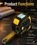 Image of Badass 4 In 1 Laser Tape Measure With 328 Ft Range And 16 Ft Self Locking Blade showcasing functions and LCD display.