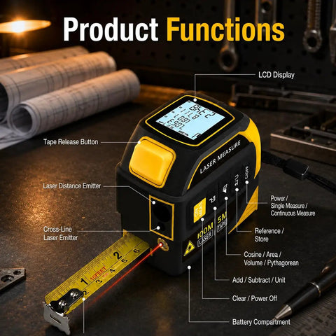 Image of Badass 4 In 1 Laser Tape Measure With 328 Ft Range And 16 Ft Self Locking Blade showcasing functions and LCD display.