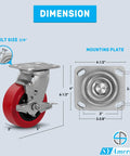 5 Inch By 2 Inch Heavy Duty Industrial Caster Wheels With Polyurethane On Polyolefin Core, Top Plate 4 Inch By 4.5 Inch shown in diagram