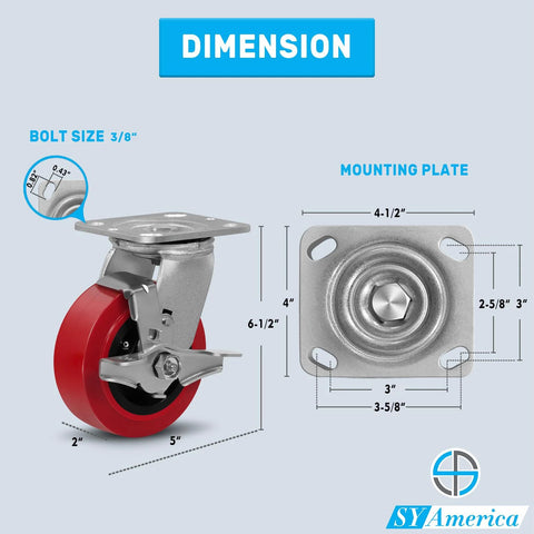 5 Inch By 2 Inch Heavy Duty Industrial Caster Wheels With Polyurethane On Polyolefin Core, Top Plate 4 Inch By 4.5 Inch shown in diagram