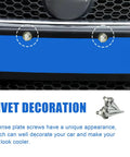 Dope Swap Proof Anti Theft License Plate Bolt Kit Featuring Sharp Spike Fasteners Universal Auto Hardware Set For Personal Rides Trucks SuVs And Street Machines In Silver displayed on a car front with blue plate.