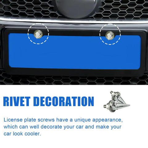 Dope Swap Proof Anti Theft License Plate Bolt Kit Featuring Sharp Spike Fasteners Universal Auto Hardware Set For Personal Rides Trucks SuVs And Street Machines In Silver displayed on a car front with blue plate.