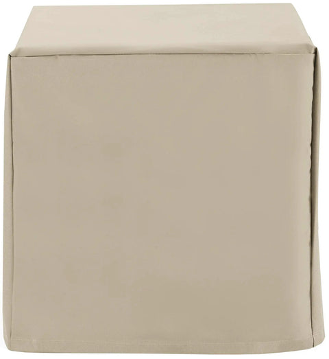 Front view of tan Heavy Duty Waterproof Outdoor Side Table Cover For Patio Deck Backyard All Weather Protection Against Sun Rain Snow Dirt And Sap Tan Tough Polyester With Lining Fits Most Small To Medium Tables