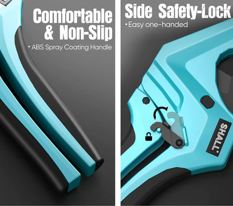 Heavy Duty Aluminum PVC Pipe Cutter Ratchet Tool With SK5 Blade Cuts Up To Two And A Half Inches Works On PVC PPR PE PEX Plastic Hoses And Pipes Teflon Coated Edge For A Cleaner Cut Built Tough Plumbing Upgrade showing ergonomic handles and safety lock feature