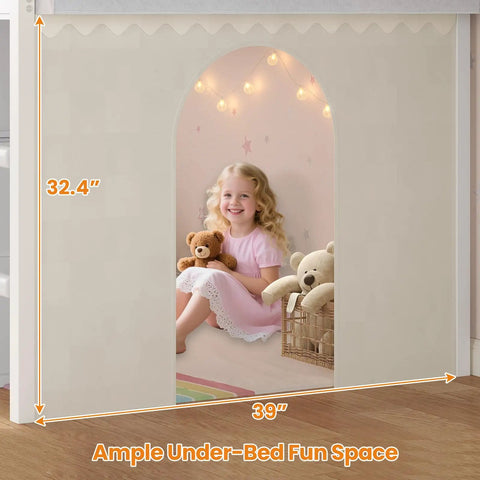 Space under Twin Size Loft Bed With LED Lights And 8 PU Fabric Storage Drawers, House Shaped Metal Bed With Playful Curtain