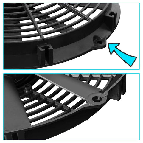 Close-up of mounting bracket on 12 Inch Universal Electric Radiator Cooling Fan Kit with Beefed Up High Performance Puller Assembly.
