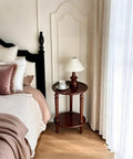 Vintage Walnut Wood Accent Table With Dual Storage Tiers Space Saver Slim Corner End Table For Small Spaces beside bed