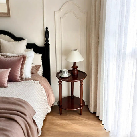 Vintage Walnut Wood Accent Table With Dual Storage Tiers Space Saver Slim Corner End Table For Small Spaces beside bed