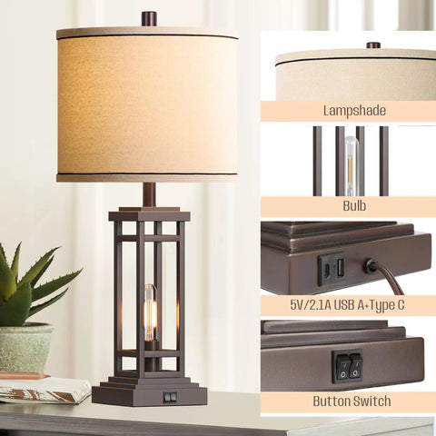 27.5 Inch Tall Farmhouse Table Lamps Set Of 2 With USB C And USB A Charging Ports Rustic Industrial Black End Table Lamps