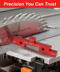 Aluminum Setup Blocks 14 Piece Set With Case For Woodworking displayed on a table saw with precision measurements.