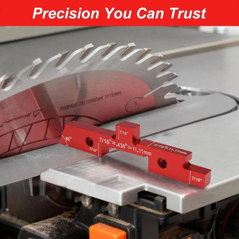 Aluminum Setup Blocks 14 Piece Set With Case For Woodworking displayed on a table saw with precision measurements.
