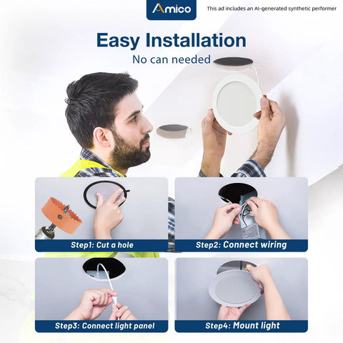 Man demonstrating installation steps for Six Pack Seven Inch 5CCT Ultra Thin Led Recessed Ceiling Downlights.