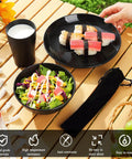 Camping Utensils Set For One Person, Portable Travel Silverware with black mug, plate, and bowl on outdoor table