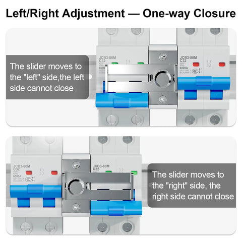 Manual Locking Breaker Device for DIN Rail Mounts, Slide Lock showing left and right adjustment for circuit breakers.