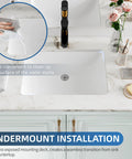 Top Shelf White Fireclay Undermount Bathroom Sink Rectangle 18X13 Inch shown with a hand cleaning surface water stains.