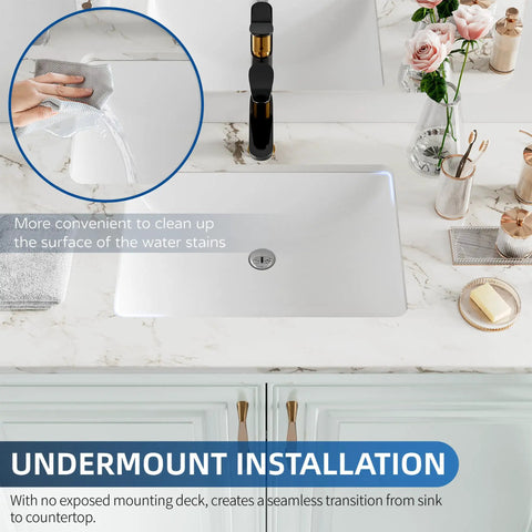 Top Shelf White Fireclay Undermount Bathroom Sink Rectangle 18X13 Inch shown with a hand cleaning surface water stains.