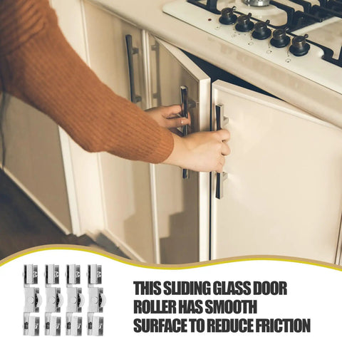 Eight Piece Glass Sliding Door Pulley Roller Kit With Heavy Duty Track Guide For Closets And Windows slick smooth gliding roller in use.