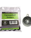 4 Oz Round Cannonball Lead Sinker Weights with Metal Loop For Sinker Sliders, 10 Pack packaging and single sinker detail.
