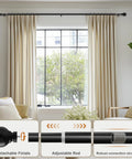 Heavy Duty Black Curtain Rods 72 To 144 Inches 1 Inch Diameter Adjustable Extra Long Blackout Traverse Window Rods With Decorative Finials For Living Room Bedroom Kitchen displayed over beige curtains in a living room.