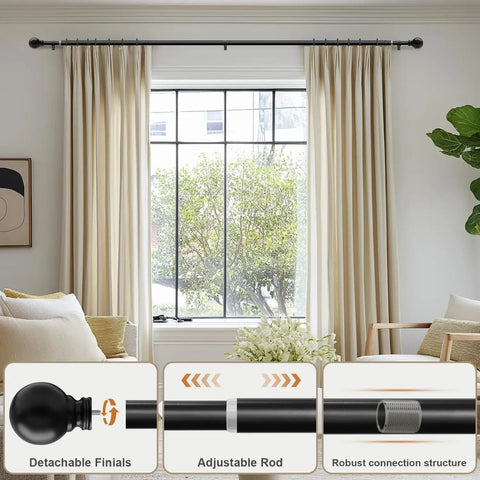 Heavy Duty Black Curtain Rods 72 To 144 Inches 1 Inch Diameter Adjustable Extra Long Blackout Traverse Window Rods With Decorative Finials For Living Room Bedroom Kitchen displayed over beige curtains in a living room.