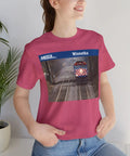 Fresh Heather Blend T Shirt Celebrating Winnetka Up N Metra Union Pacific North Train Station worn by a smiling model.