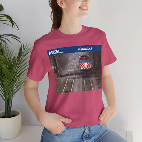 Fresh Heather Blend T Shirt Celebrating Winnetka Up N Metra Union Pacific North Train Station worn by a smiling model.
